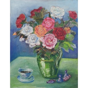 FLOWERS STILL LIFE Vintage Original Oil Painting on canvas by Ukrainian artist N.Sergeeva, Roses in a vase, Floral artwork, Signed