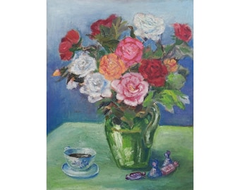 May include: An oil painting of a still life featuring a bouquet of roses in a green vase, a teacup, and small decorative items. The roses are in shades of red, pink, orange, and white. The background is blue, and the table is green.