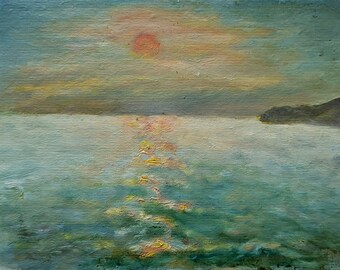 Vintage Seascape Oil Painting, Sunset Over Water, Original Art, Coastal Wall Decor