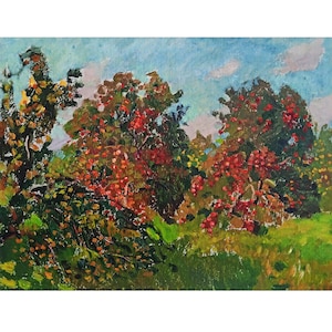 PINTURA A ÓLEO VINTAGE do artista ucraniano soviético - O. Solodovnikov, Pomar de maçãs na aldeia, arte de pomar de frutas dos anos 1970