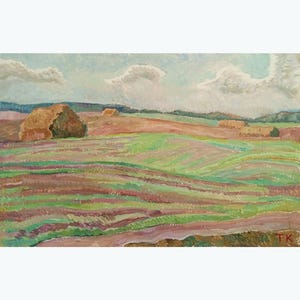 Vintage Impressionist Original Oil Painting by Ukrainian artist T.Krasnaya, 1978, Field landscape, Haystack, Sky over the field, Skyscape