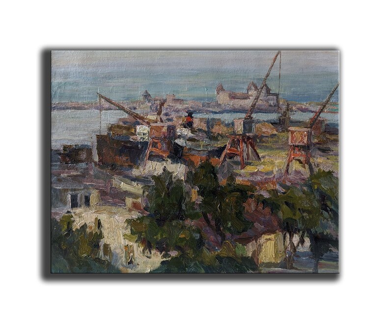 1960s Port art Cranes INDUSTRIAL LANDSCAPE Vintage Original Oil Painting by Soviet Ukrainian artist V.Migulko Socialist Realism artwork