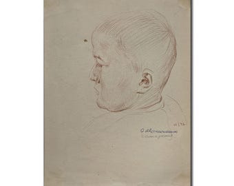 May include: A vintage sketch of a person's profile, drawn in red pencil on aged paper. The artwork depicts a side view of a head, with the ear, nose, and hairline clearly visible. The drawing is signed and dated, adding to its historical value.