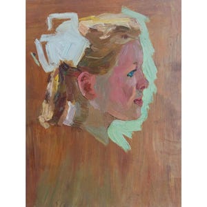 Vintage Original Oil painting Portrait of the artist by Unknown Ukrainian artist, 1980s, Girl with bows Portrait of a girl, Female portrait