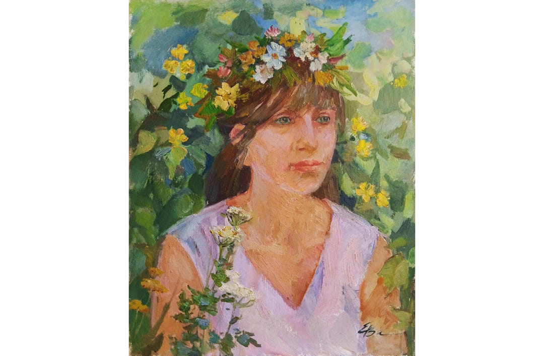 VINTAGE PORTRAIT of a GIRL Original Oil Painting by Ukraine Artist E ...