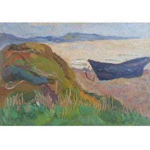 May include: Oil painting depicting a coastal scene. A dark blue boat sits on a sandy beach. The foreground shows green and brown vegetation and a rocky hillside. The background features a calm sea and distant mountains under a cloudy sky.