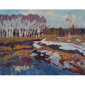 Vintage original oil painting Early spring landscape by Ukrainian artist O.Basanets, 1975, Birch trees, Forest, Forest, Riverbank, Last snow