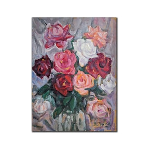BODEGÓN DE FLORES Pintura al óleo vintage del artista ucraniano V.Chaika, década de 1990, ramo de rosas, arte floral Imagen firmada Coleccionista de arte