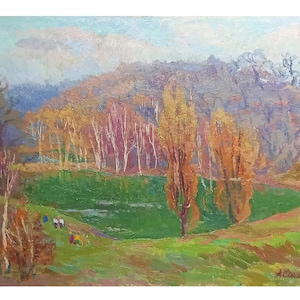 PAISAJE DE VERANO Pintura al óleo original de época del artista ucraniano A. Olkhov, década de 1980, Parque Feofaniya. Kiev, Pintura de naturaleza única