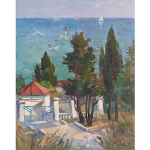 Impressionist original oil painting Seascape by Ukrainian artist E.Vasilevskaya, Sea landscape, Seashore, Seafront, Seagulls, Coastal view