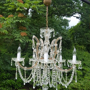 May include: A vintage crystal chandelier with a brass frame, hanging outdoors against a backdrop of green foliage. The chandelier features multiple tiers of clear crystal droplets and candle-style light fixtures.