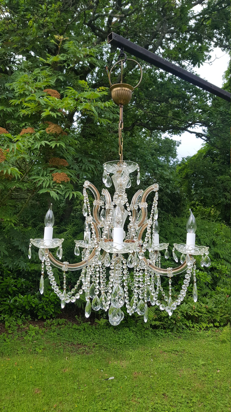 May include: A vintage crystal chandelier with a brass frame, hanging outdoors against a backdrop of green foliage. The chandelier features multiple tiers of clear crystal droplets and candle-style light fixtures.