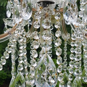 May include: Close-up of a crystal chandelier with multiple clear, faceted crystal pendants and strands. The chandelier has a gold-colored frame and is illuminated by a white light. The background is blurred green foliage.