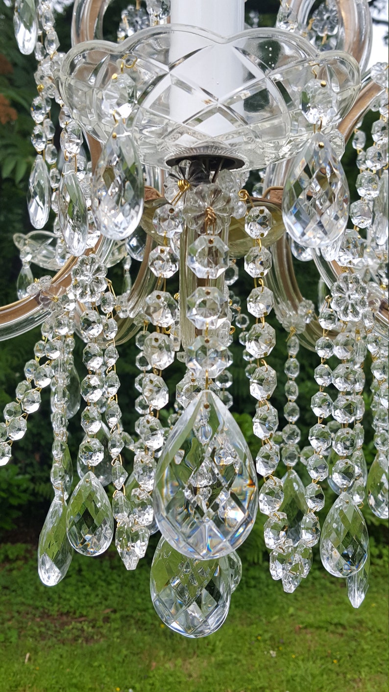 May include: Close-up of a crystal chandelier with multiple clear, faceted crystal pendants and strands. The chandelier has a gold-colored frame and is illuminated by a white light. The background is blurred green foliage.