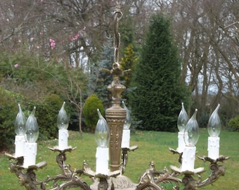 Vintage French bronze and nickel plated 8 arm Chandelier  with faces(M960)