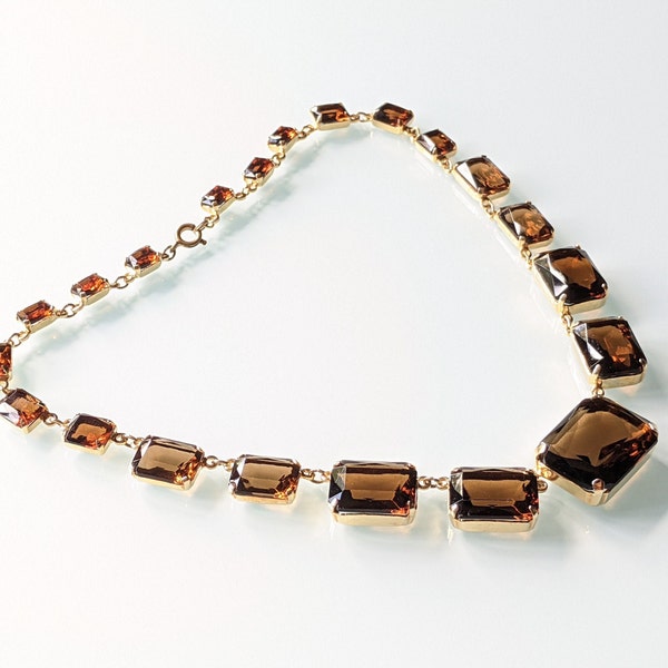 Vintage Art Deco smoky topaz brown crystal riviere necklace, bezel set open backed baguette cut rhinestones