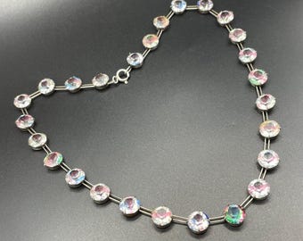 Vintage sterling silver Art Deco iris glass crystal riviere necklace, bezel set, open backed rhinestones, by W H Collins