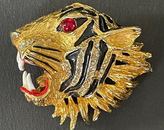 Huge vintage fierce tiger head brooch - red glass cabochon, rhinestone and enamel - in the style of Hattie Carnegie, Gucci, Butler & Wilson