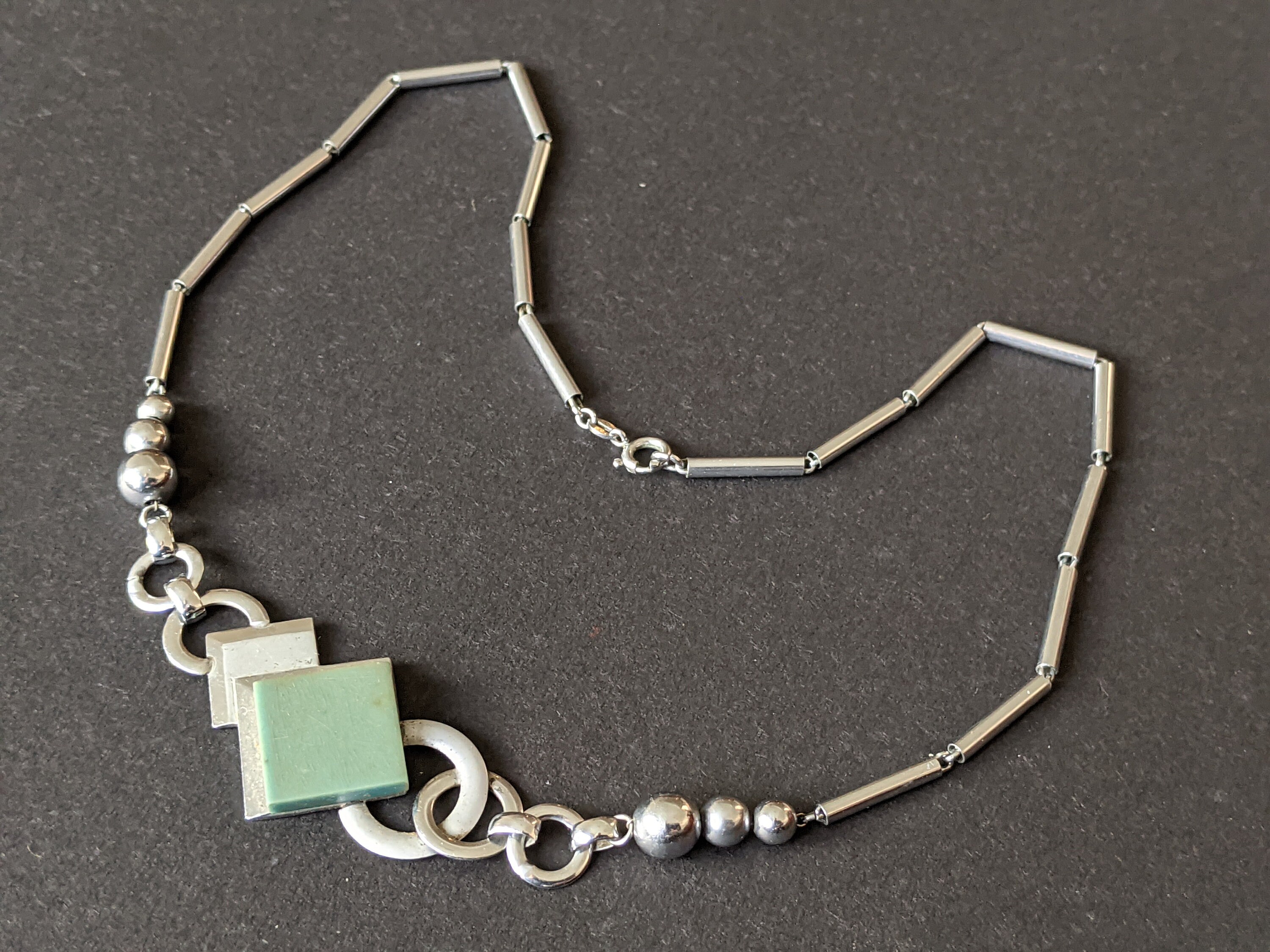 Vintage Art Deco Bauhaus chrome necklace galalith black beads style Bengel 