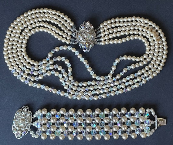 Vintage multi five strand glass faux pearl and cr… - image 2