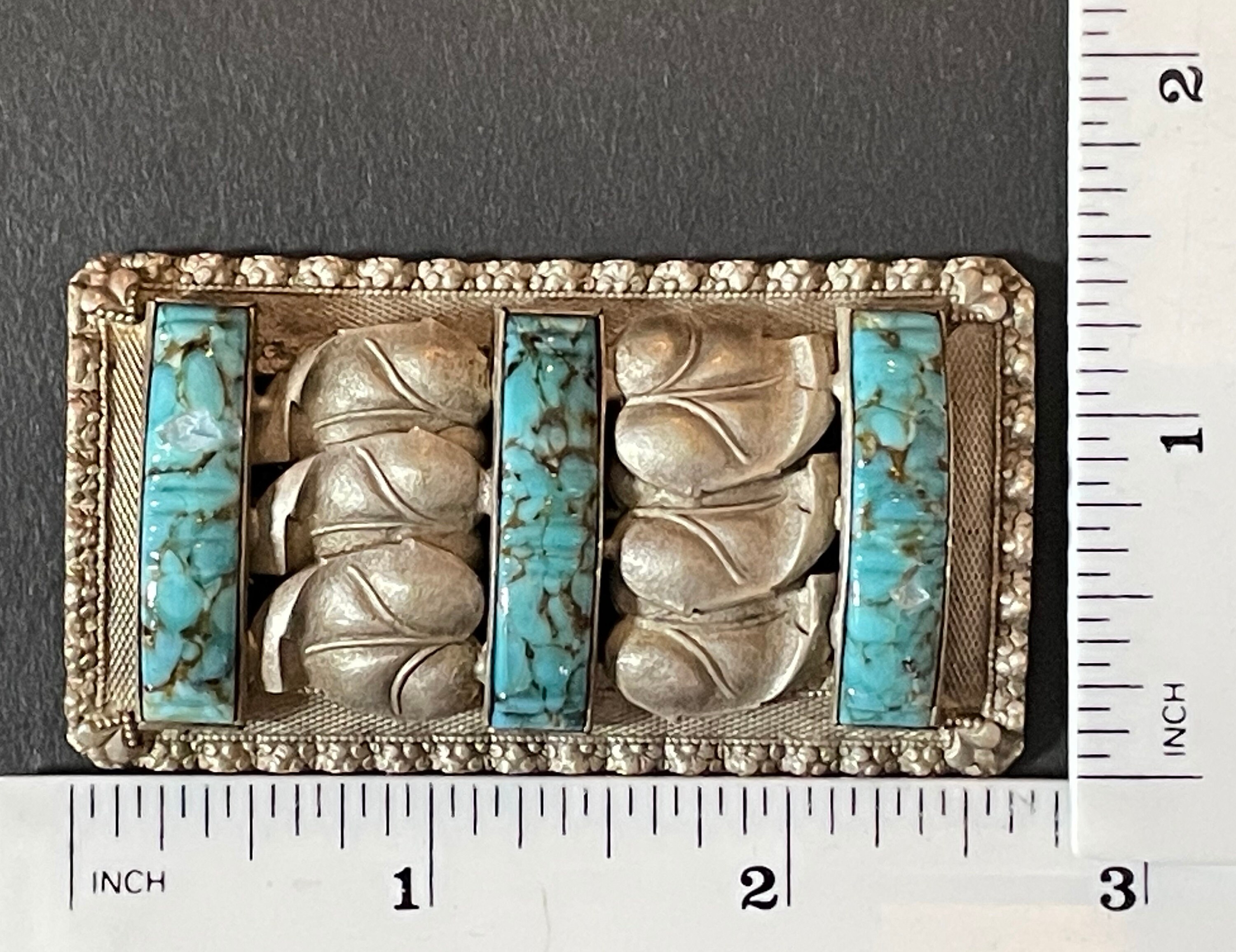 Broche Ancienne Style Art Déco - Métal Doré, Cabochon Turquoise, Perles - Occasion