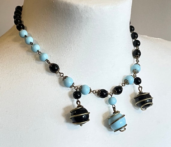 Vintage black and pale blue glass berry beaded ch… - image 6