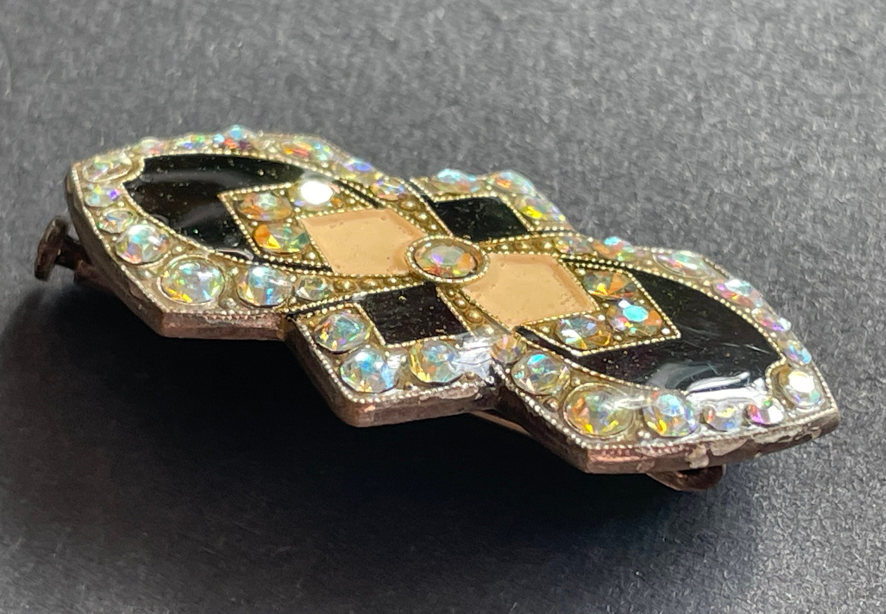 Broche Art Déco En Argent Avec Pierre Bex, émail Et Strass - Vintage, Véritable Pièce De Collection