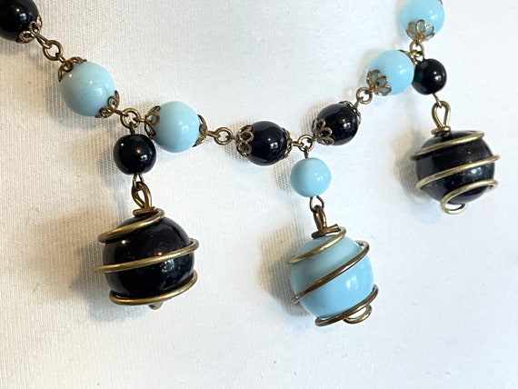 Vintage black and pale blue glass berry beaded ch… - image 7