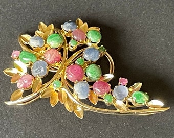 Large vintage pastel colour gemstone cabochon floral spray bouquet brooch, delicate gold tone settings, raw ruby, emerald, sapphire