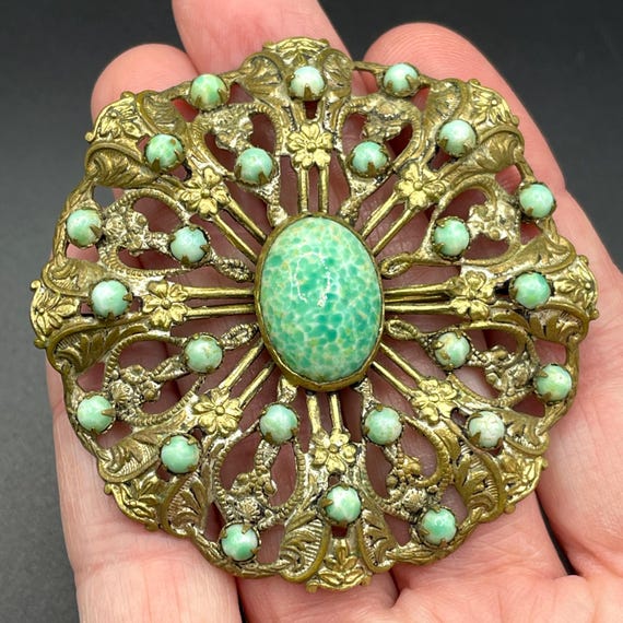 Huge Vintage Art Deco Green Peking Glass Cabochon Czech Brooch in