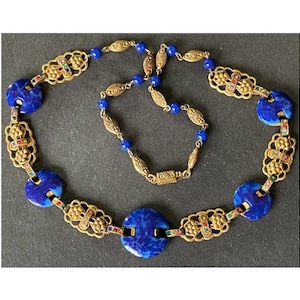 Vintage Art Deco Czech Max Neiger (?) blue lapis lazuli glass, colourful rhinestone & gold tone necklace, beautifully shaped stones