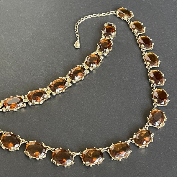 Vintage Sphinx smoky topaz glass riviere necklace and bracelet set, heavy, bezel set, open-backed stones in ornate setting