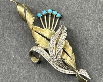 Beautiful vintage gold and silver tone floral  and leaf spray bouquet brooch, delicate settings, turquoise cabochons and paste or CZ stones