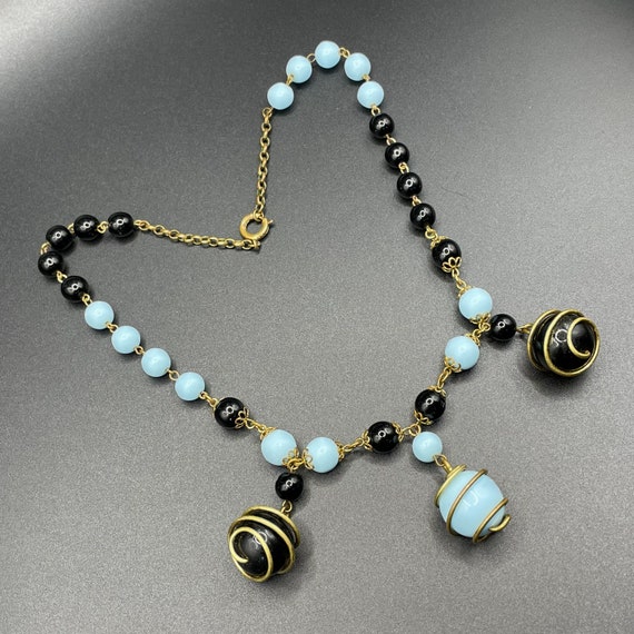 Vintage black and pale blue glass berry beaded ch… - image 1