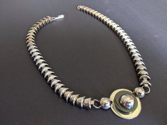 Art deco free delivery machine age Necklace Jakob Bengel industrial age modernist blue galalite and chrome metal 1930