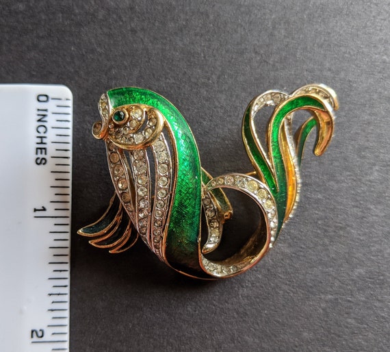 Vintage Attwood and Sawyer Large Fish Brooch Gold Plated Green Enamel and Rhinestone Signed A S Uncommon Design Etsy