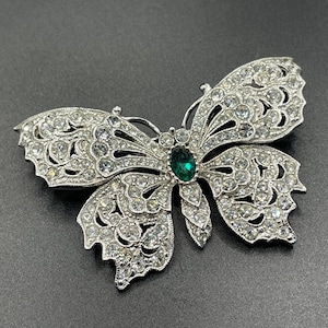 Vintage Attwood and Sawyer A&S signed butterfly brooch, clear pave rhinestone encrusted, emerald green rhinestone and silver tone
