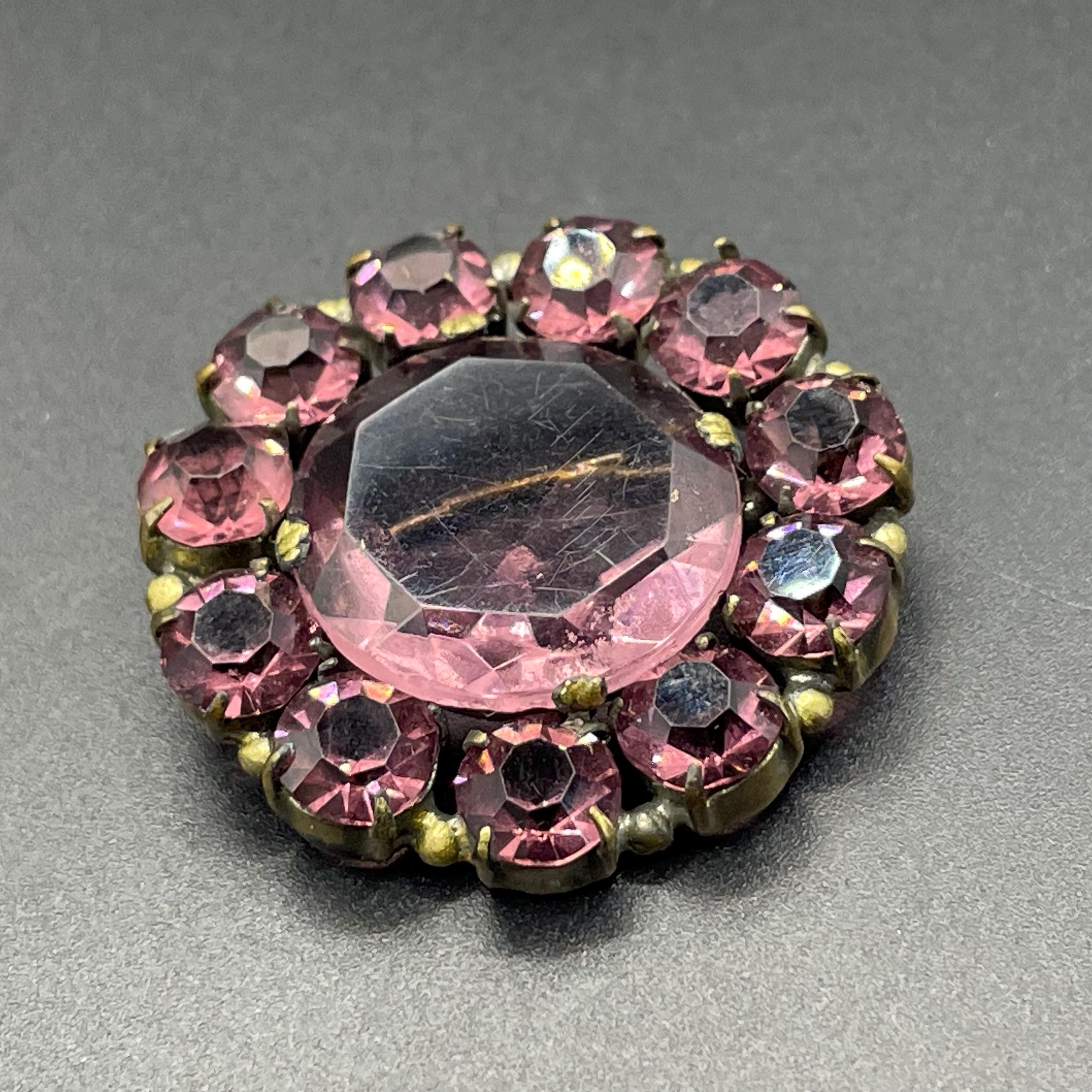 1930s Purple Rhinestone Pot Metal Brooch Art Deco Glass Pin Vintage Art Deco 1930s Czech Amethyst Purple Glass, Open  main image 2