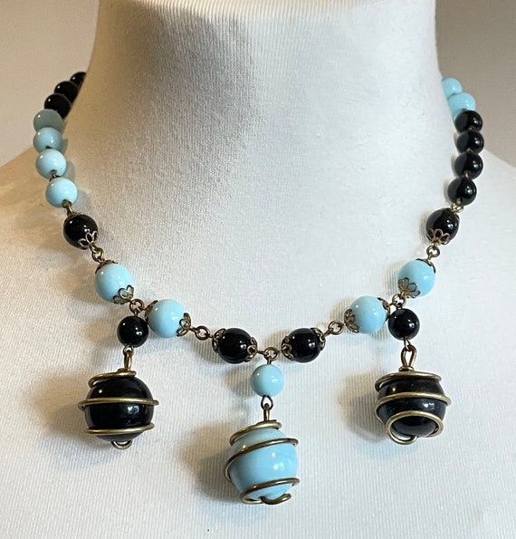 Vintage black and pale blue glass berry beaded ch… - image 5