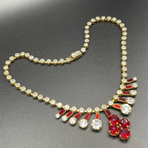 Vintage Art Deco Czech ice clear and ruby red crystal paste and gold tone choker necklace, clear collet set rhinestone riviere