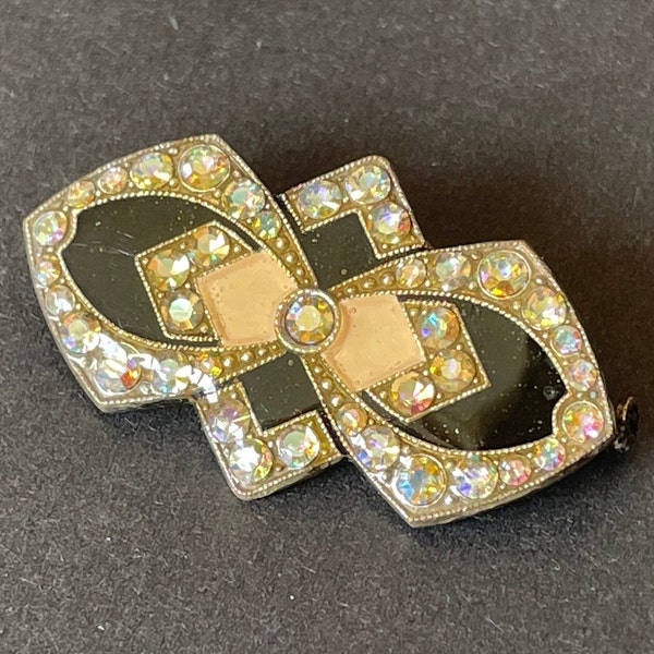 Vintage Pierre Bex Art Deco style rhinestone and enamel brooch, yellow /gold, black geometric design with AB rhinestones in thick enamel