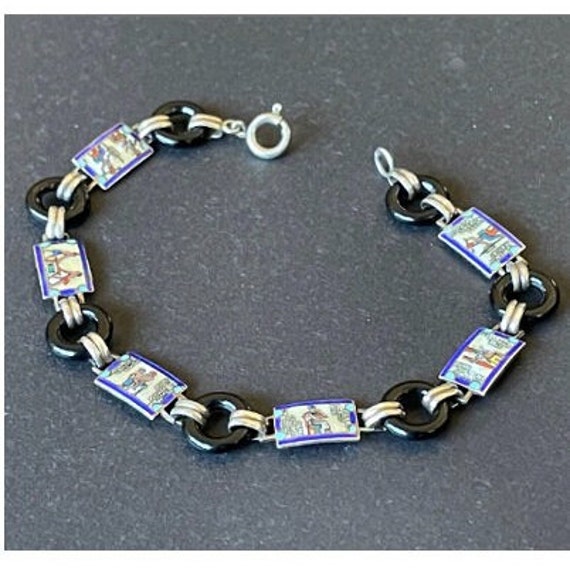 Bracelet Art Déco Argenté Avec 7 Cabochons D'Onyx Noir - Longueur 17-18 Cm - Occasion