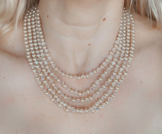 Vintage multi five strand glass faux pearl and cr… - image 10