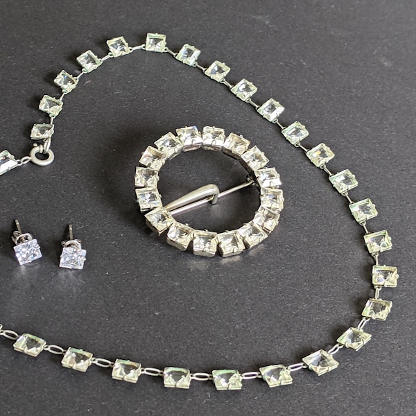 Vintage Art Deco clear paste crystal riviere necklace, bezel set open backed square princess cut rhinestones, with free stud earrings