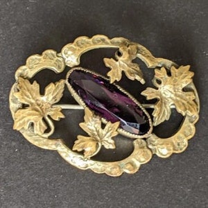 Könnte beinhalten: Eine silberne Brosche mit einem violetten Glasstein, der in einem Blattdesign eingefasst ist.