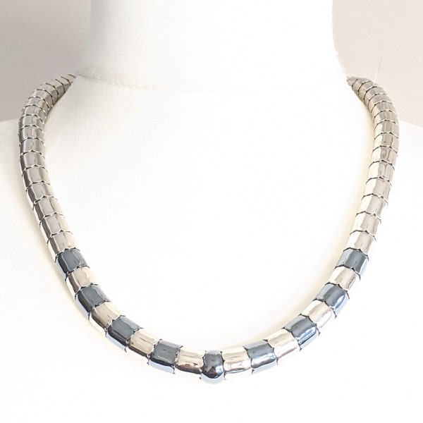 Vintage possible Jakob Bengel Art Deco machine age chrome & haematite tone geometric necklace with stacked cup beads, fabulous condition