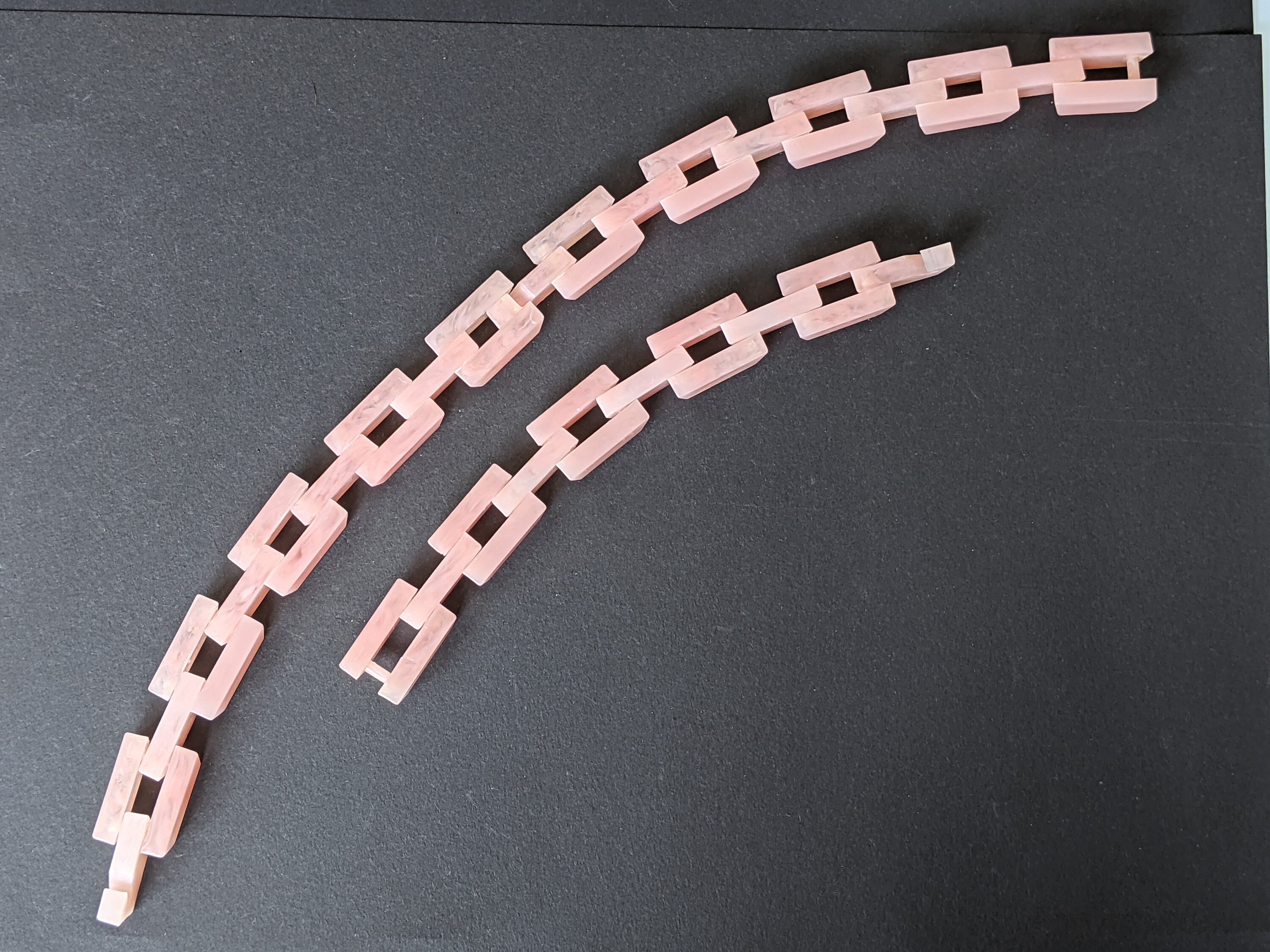 Vintage Art Deco marbled pink lucite tank track link machine age style panel bracelet or doubles up to make a choker