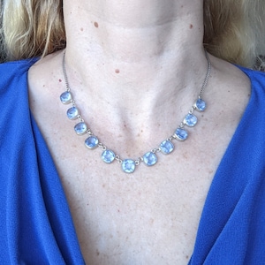 Vintage Art Deco light sapphire blue crystal bezel set open backed Czech half riviere necklace in silver tone
