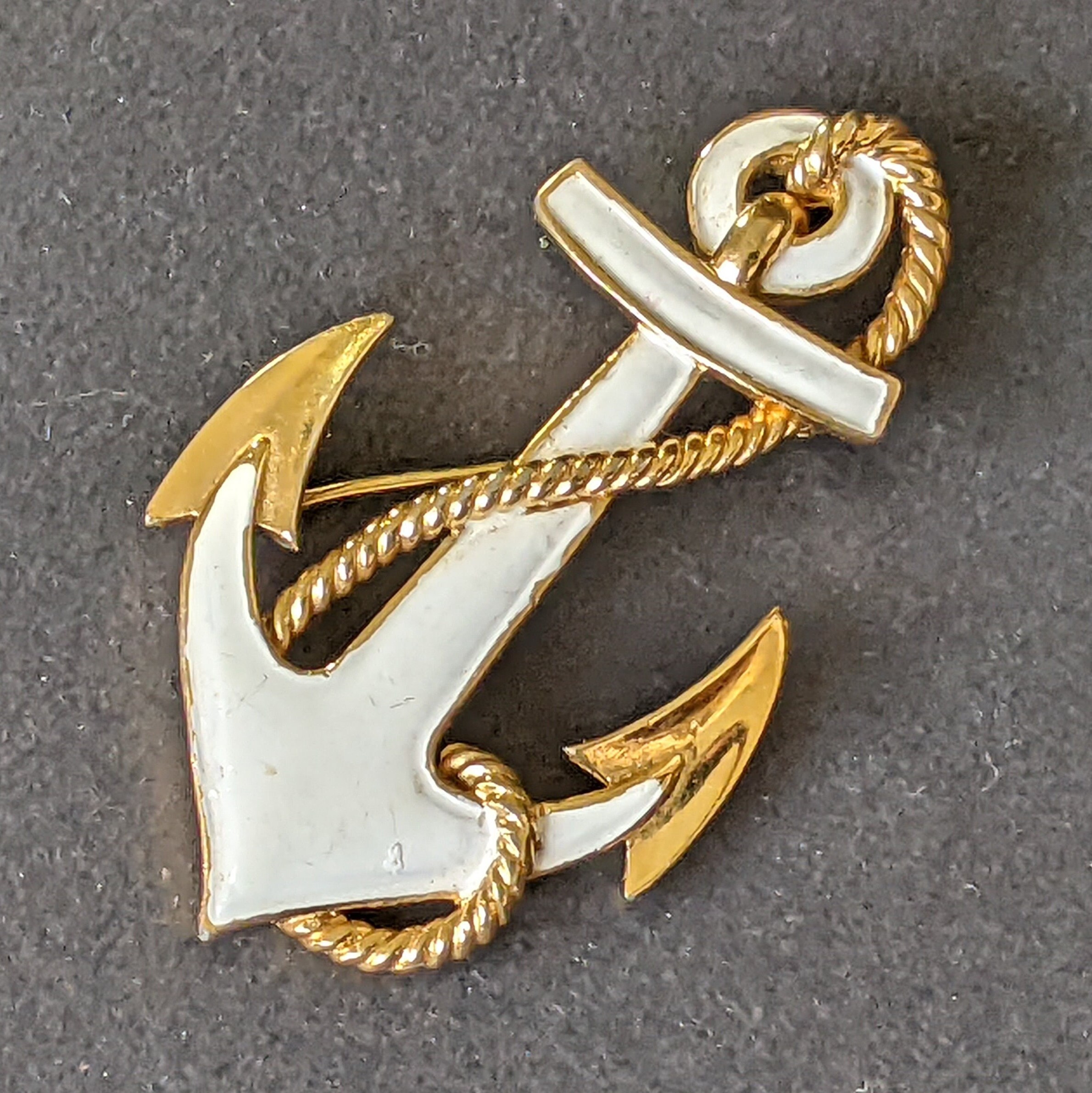 Vintage signed Trifari white enamel and gold tone kitsch anchor 