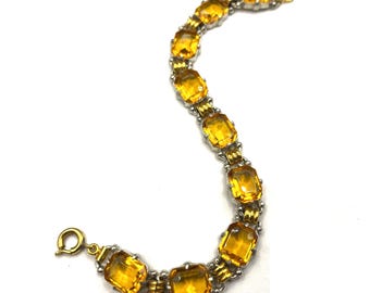 Vintage Art Deco citrine / topaz orange Czech rhinestone bracelet with bi-colour gold and silver tone, including large open-backed stones